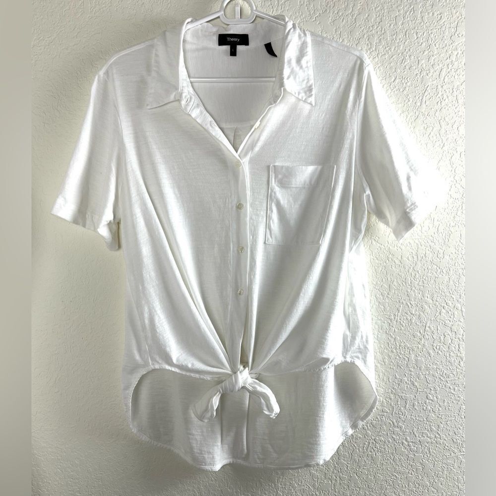 Theory White Button Down Tie Front Shirt - Picture 3 of 7
